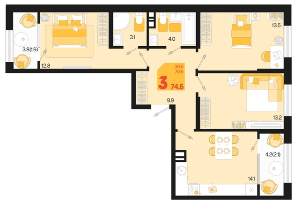 
   Продам 3-комнатную, 74.6 м², Первое место, квартал 1.3, литер 1

. Фото 1.