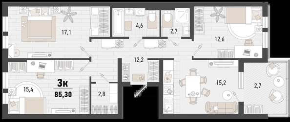 
   Продам 3-комнатную, 85.1 м², Барса, 3В литер

. Фото 1.