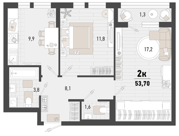 
   Продам 2-комнатную, 53.7 м², Барса, 3В литер

. Фото 1.