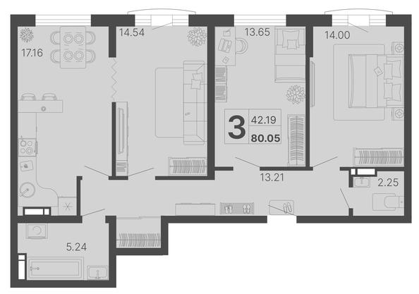 
   Продам 3-комнатную, 80.05 м², Светский лес, литер 3

. Фото 1.