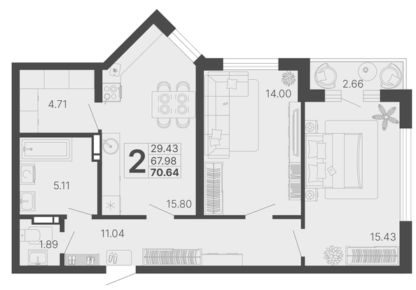 
   Продам 2-комнатную, 69.31 м², Светский лес, литер 3

. Фото 1.