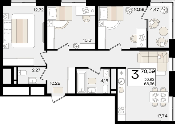 
   Продам 3-комнатную, 70.59 м², Патрики, литер 1.5

. Фото 4.