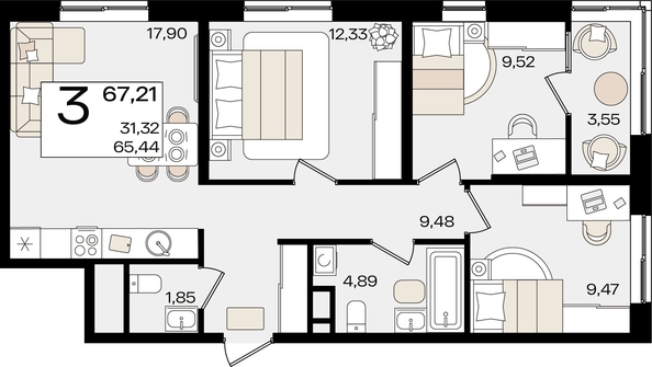 
   Продам 3-комнатную, 67.21 м², Патрики, литер 1.2

. Фото 8.