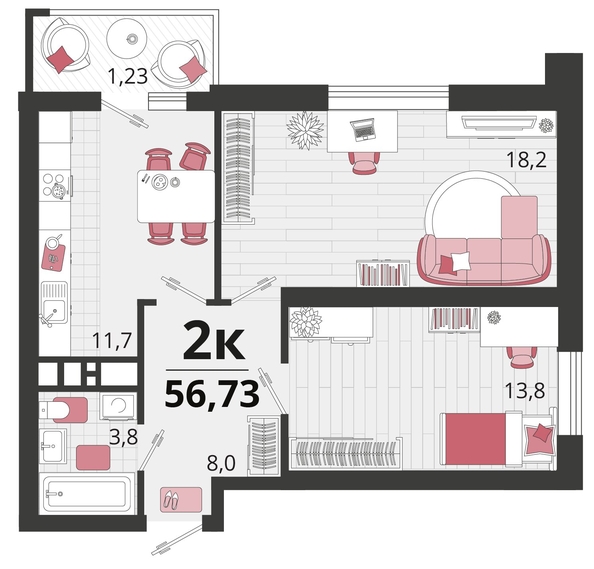 
   Продам 2-комнатную, 56.73 м², Родные просторы, литера 11

. Фото 4.