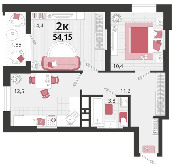 
   Продам 2-комнатную, 54.15 м², Родные просторы, литера 12

. Фото 4.