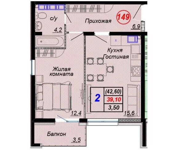 
   Продам 2-комнатную, 43.6 м², Российская ул, уч12

. Фото 2.