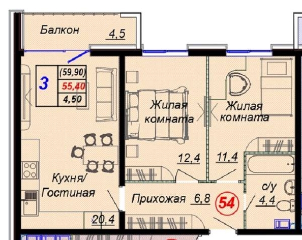 
   Продам 3-комнатную, 60 м², Российская ул, уч12

. Фото 2.