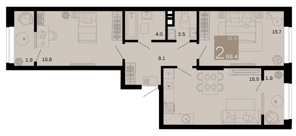 
   Продам 2-комнатную, 68.4 м², Хозяин морей, литер 1

. Фото 12.