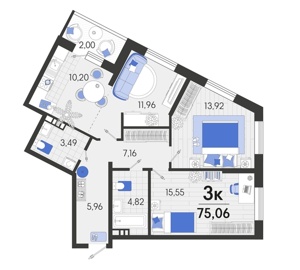 
   Продам 3-комнатную, 75.45 м², Белые росы, литера 9

. Фото 7.