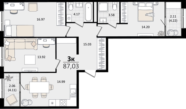 
   Продам 3-комнатную, 87.03 м², Патрики, литер 2

. Фото 4.