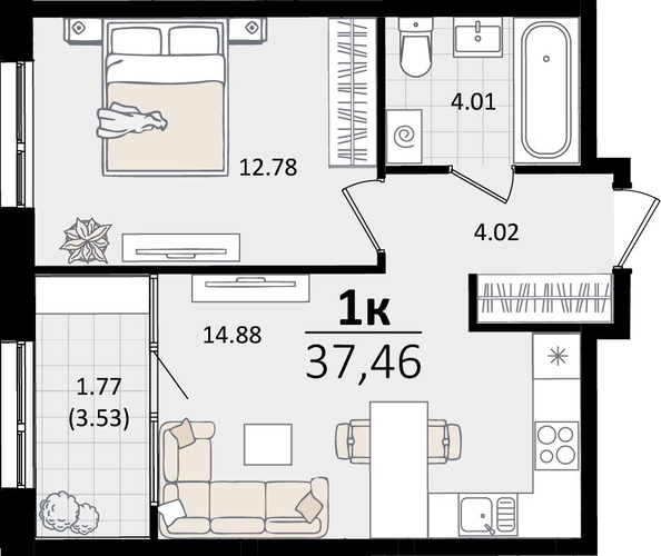 
   Продам 1-комнатную, 37.46 м², Патрики, литер 2

. Фото 8.