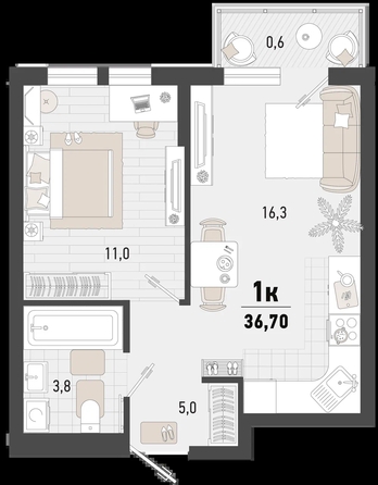 
   Продам 1-комнатную, 36.7 м², Барса, 3В литер

. Фото 6.