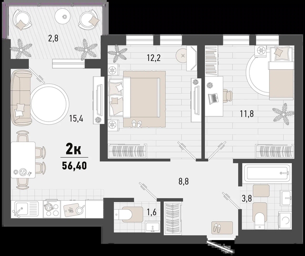 
   Продам 2-комнатную, 56.4 м², Барса, 4В литер

. Фото 6.