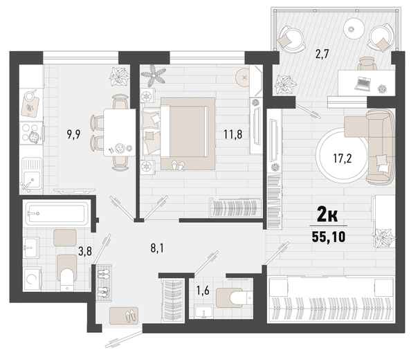 
   Продам 2-комнатную, 55.1 м², Барса, 3В литер

. Фото 6.