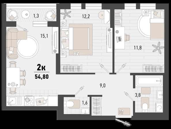 
   Продам 2-комнатную, 54.8 м², Барса, 3В литер

. Фото 6.