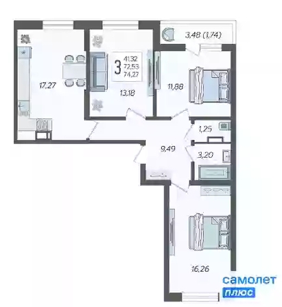 
   Продам 2-комнатную, 74.3 м², Смородина, литера 14

. Фото 21.