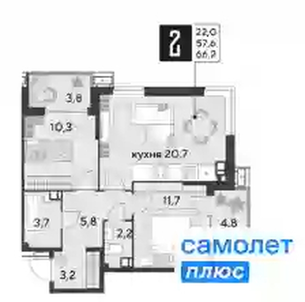 
   Продам 2-комнатную, 66.2 м², Парк Победы 2, литера 19

. Фото 6.