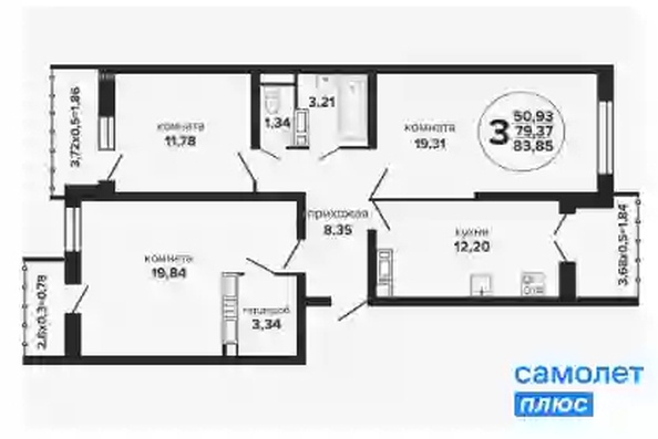 
   Продам 3-комнатную, 83.8 м², Российская ул, 257/7

. Фото 7.