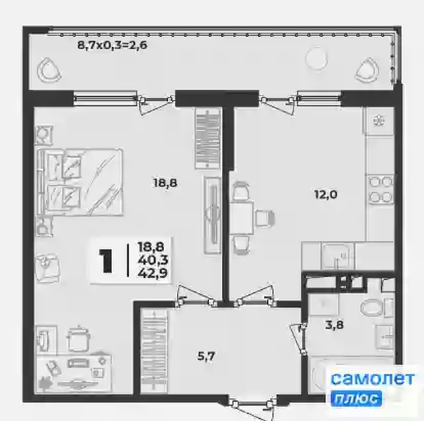 
   Продам 1-комнатную, 42.9 м², Лето, литера 1/1

. Фото 11.