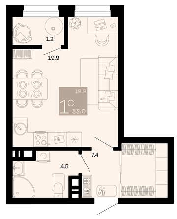 
   Продам 1-комнатную, 33 м², Хозяин морей, литер 1

. Фото 6.