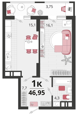 
   Продам 1-комнатную, 46.95 м², Родные просторы, литера 11

. Фото 4.