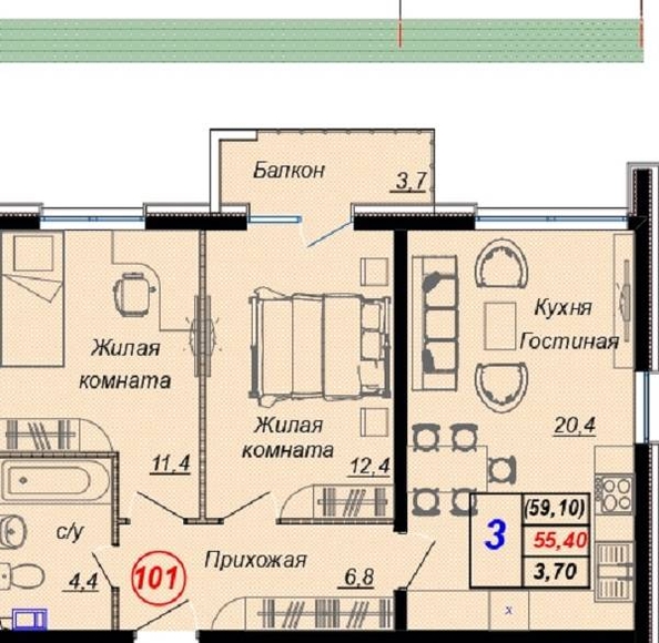 
   Продам 3-комнатную, 59.1 м², Российская ул, 6/21

. Фото 2.