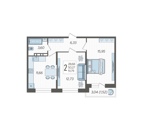 
   Продам 2-комнатную, 51.79 м², Смородина, литера 18

. Фото 2.