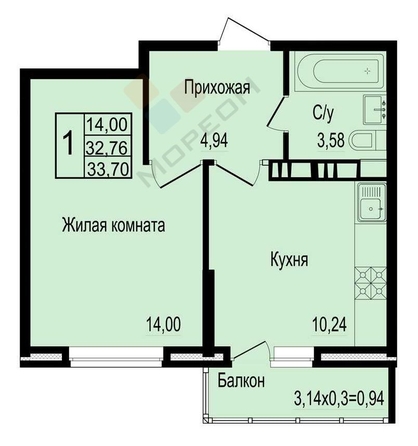 
   Продам 1-комнатную, 32.8 м², Западный Обход ул, 65к1

. Фото 19.