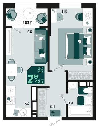 
   Продам 2-комнатную, 42.7 м², Первое место, квартал 1.10, литер 2

. Фото 12.