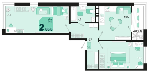 
   Продам 2-комнатную, 66.6 м², Первое место, квартал 1.6, литер 1

. Фото 6.