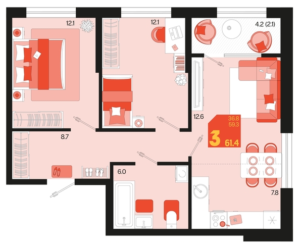 
   Продам 3-комнатную, 61.4 м², Первое место, квартал 1.6, литер 1

. Фото 6.