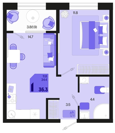 
   Продам 1-комнатную, 36.3 м², Первое место, квартал 1.6, литер 1

. Фото 6.