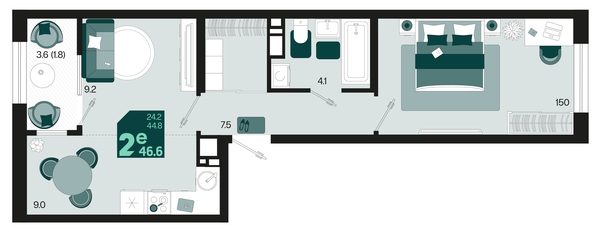 
   Продам 2-комнатную, 46.6 м², Первое место, квартал 1.6, литер 1

. Фото 6.