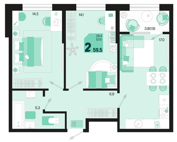 
   Продам 2-комнатную, 59.5 м², Первое место, квартал 1.6, литер 1

. Фото 6.