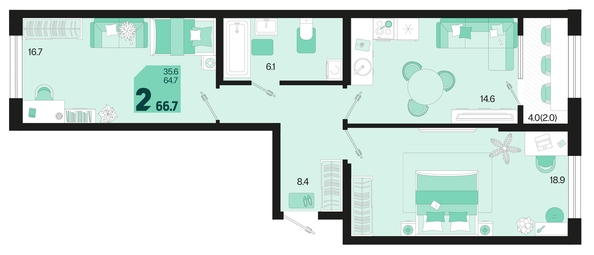 
   Продам 2-комнатную, 66.7 м², Первое место, квартал 1.6, литер 1

. Фото 6.