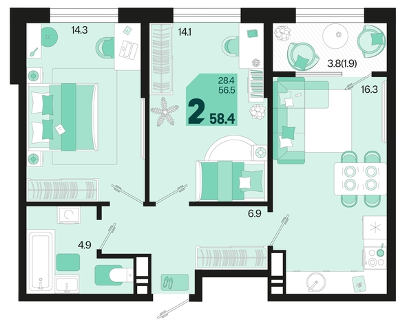 
   Продам 2-комнатную, 58.4 м², Первое место, квартал 1.6, литер 1

. Фото 6.