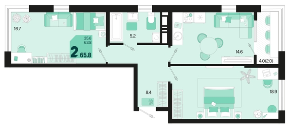 
   Продам 2-комнатную, 65.8 м², Первое место, квартал 1.6, литер 1

. Фото 11.