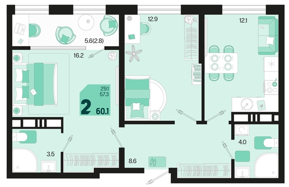 
   Продам 2-комнатную, 60.1 м², Первое место, квартал 1.6, литер 1

. Фото 6.