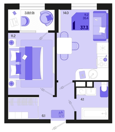 
   Продам 1-комнатную, 37.3 м², Первое место, квартал 1.6, литер 1

. Фото 11.