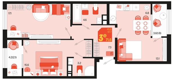 
   Продам 3-комнатную, 71.6 м², Первое место, квартал 1.6, литер 1

. Фото 6.