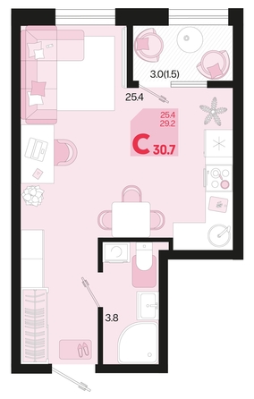 
   Продам 1-комнатную, 30.7 м², Первое место, квартал 1.6, литер 2

. Фото 6.