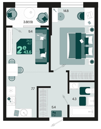 
   Продам 2-комнатную, 43.6 м², Первое место, квартал 1.6, литер 2

. Фото 6.