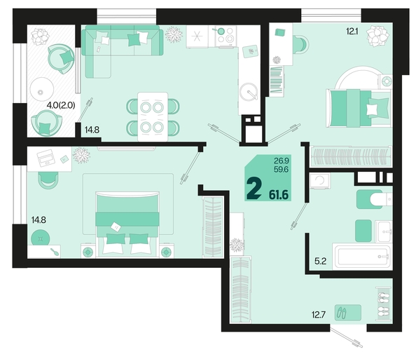 
   Продам 2-комнатную, 61.6 м², Первое место, квартал 1.6, литер 2

. Фото 6.