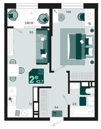 
   Продам 2-комнатную, 42.7 м², Первое место, квартал 1.6, литер 2

. Фото 12.