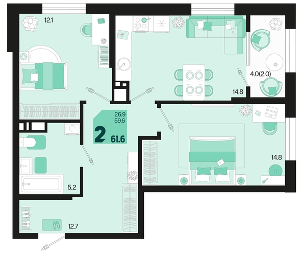 
   Продам 2-комнатную, 61.6 м², Первое место, квартал 1.6, литер 2

. Фото 12.