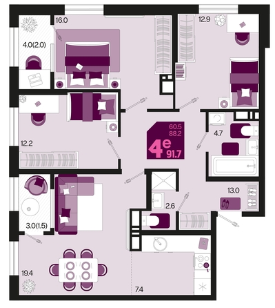 
   Продам 4-комнатную, 91.7 м², Первое место, квартал 1.6, литер 2

. Фото 6.