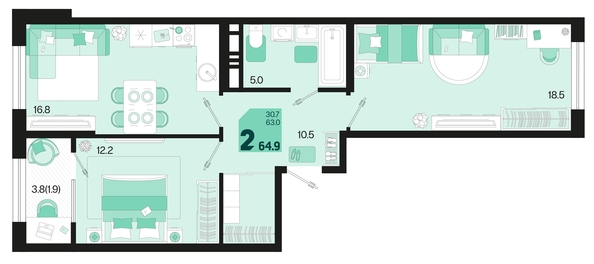 
   Продам 2-комнатную, 64.9 м², Первое место, квартал 1.1, литер 2

. Фото 16.