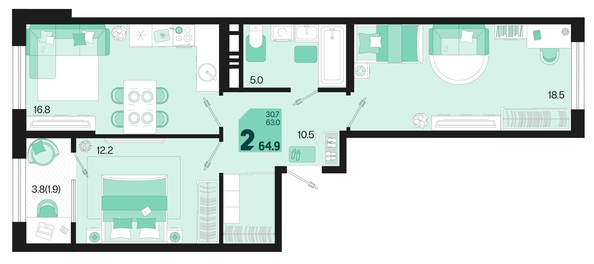 
   Продам 2-комнатную, 64.9 м², Первое место, квартал 1.1, литер 2

. Фото 18.