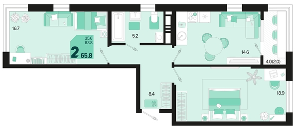 
   Продам 2-комнатную, 65.8 м², Первое место, квартал 1.3, литер 1

. Фото 6.