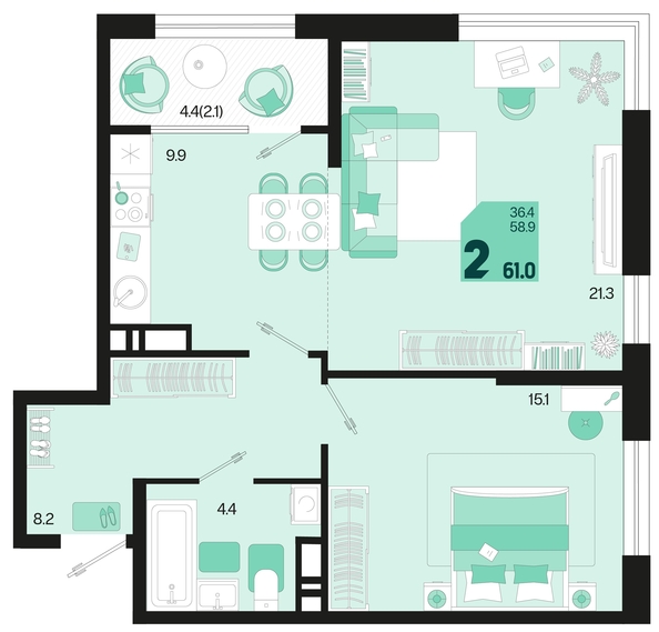 
   Продам 2-комнатную, 61 м², Первое место, квартал 1.3, литер 1

. Фото 6.